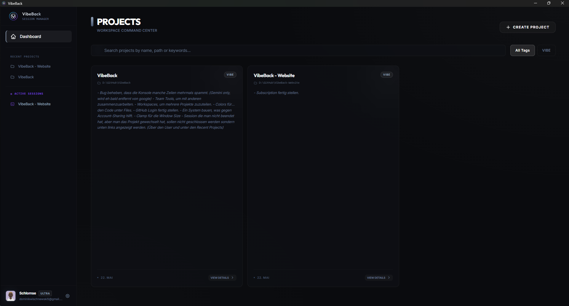 VibeBack Projects Dashboard Screenshot