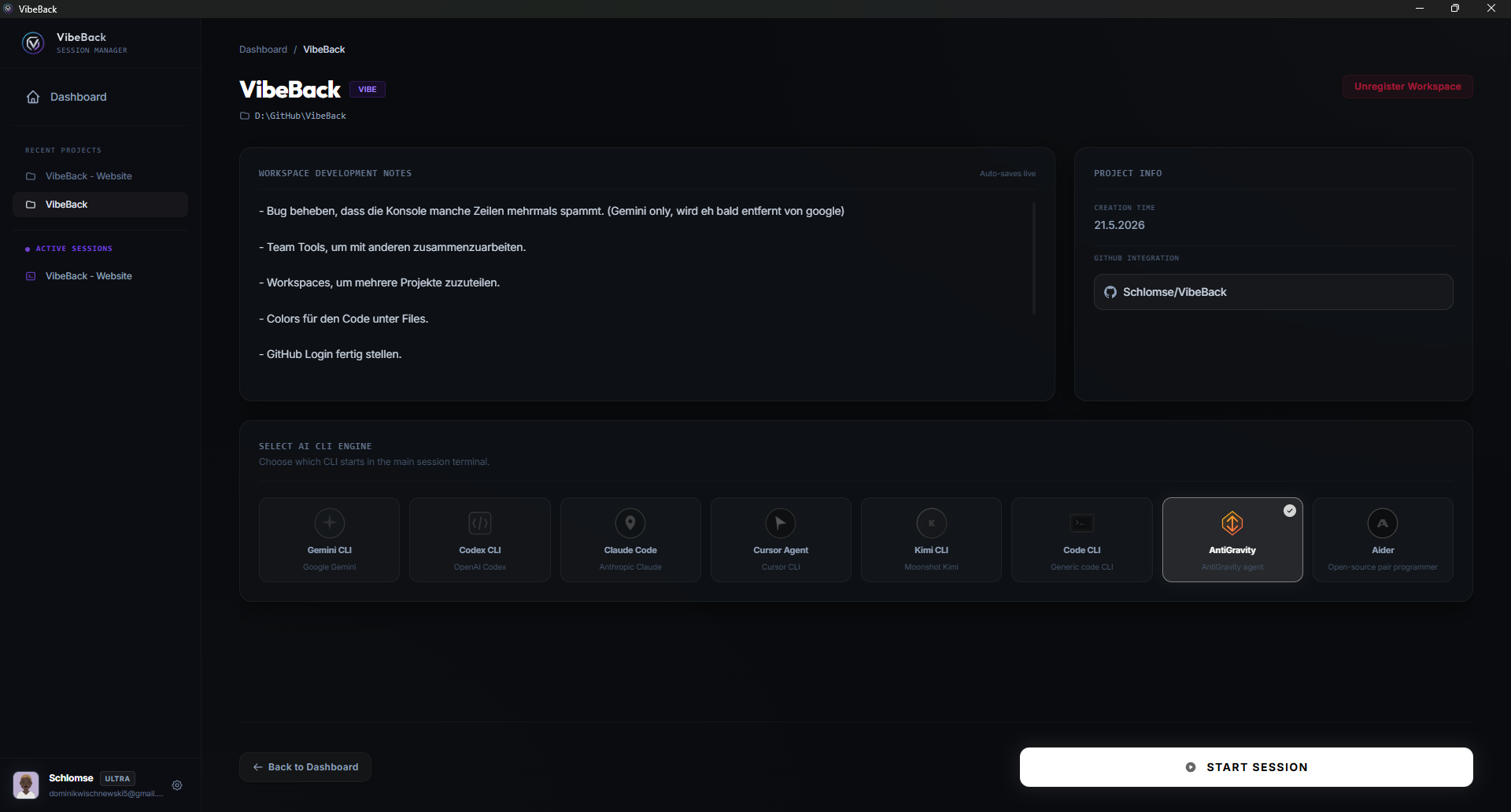 VibeBack Project Workspace Screenshot