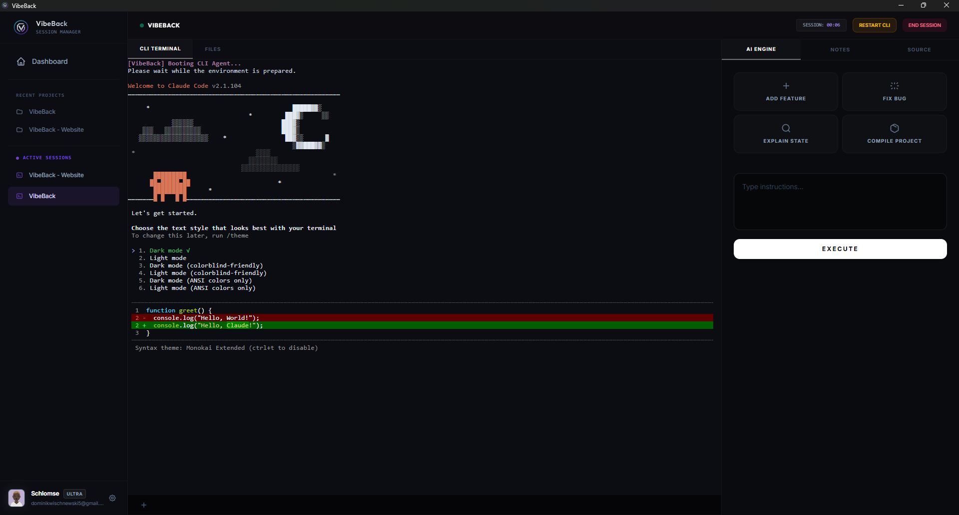 VibeBack Active AI Session Screenshot